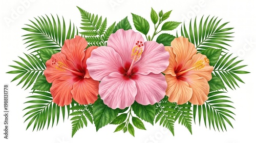 vibrant hibiscus flowers with tropical fern leaves isolated on white background