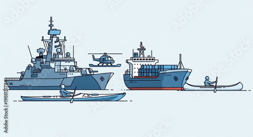 Naval fleet with helicopter and kayaks illustration.