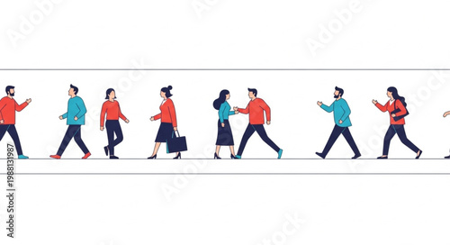 Diverse group of people walking in a line illustration.