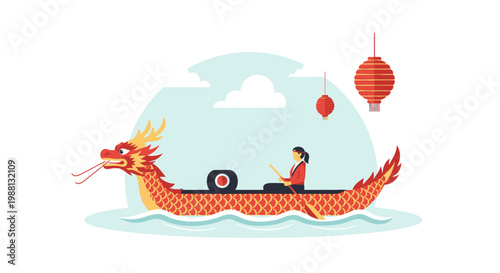 Dragon boat with paddler on river.