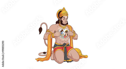 Hanuman holds a locket with depictions of rama and sita within his hands