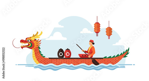 Dragon boat with paddler in water race.