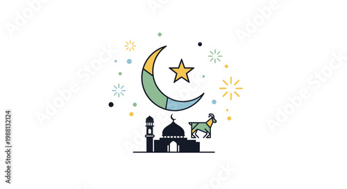 Crescent Moon Mosque Night Scene Silhouette.