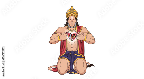 Hanuman holds a heart shaped image of ram and sita in devotion