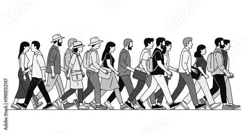 Diverse group of people walking in a line illustration.