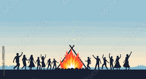 Group Of People Around Campfire Silhouettes At Dusk.