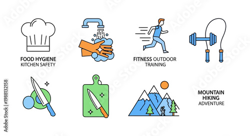 Fitness Training Icon Set Focus On Outdoor And Gym Equipment.