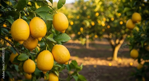 Ripe yellow lemons hanging on a tree in an orchard