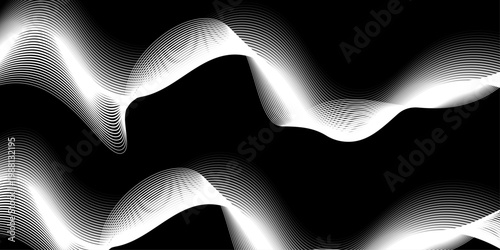 abstract flowing white wave lines forming a smooth dynamic motion pattern on a deep black background in a modern minimal monochrome vector illustration design