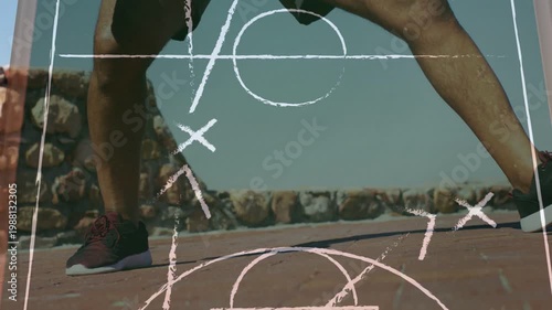 Player initiating dribble by left foot, practicing basketball footwork while chalk overlay aligning