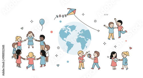 Diverse group of people around a world globe uniting in harmony.