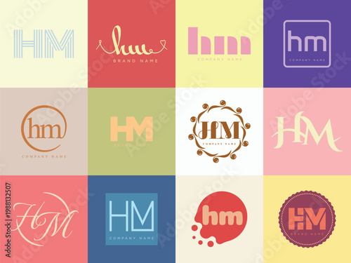 HM logo company template. Letter h and m logotype. Set different classic serif lettering and modern bold text with design elements. Initial font typography.
