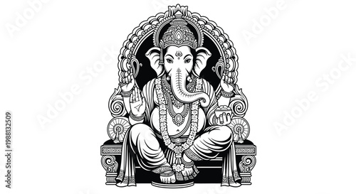 Detailed black and white illustration of lord ganesha on a throne