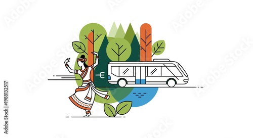 Woman Walking Next to White Bus.