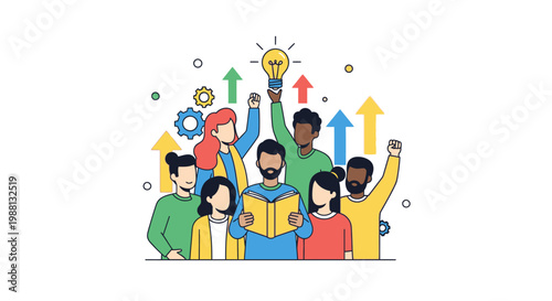 Diverse group reading together highlights collective learning.