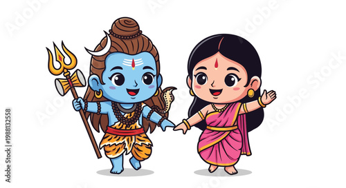 Chibi shiva and parvati holding hands a delightful hindu deity illustration