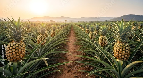 Rows of pineapples growing in a field at sunset farm