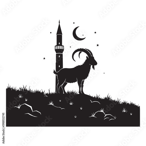 Nocturnal goat standing beside an ancient minaret under a crescent moon
