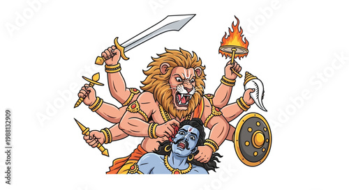 Narasimha avatar of Vishnu defeating Hiranyakashipu in a dramatic scene