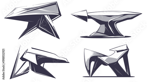 Four stylized illustrations of metal tools, abstract shapes in grayscale and a geometric style
