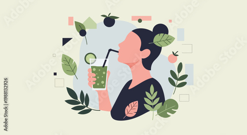 Woman enjoying fresh green juice with straw surrounded by leaves