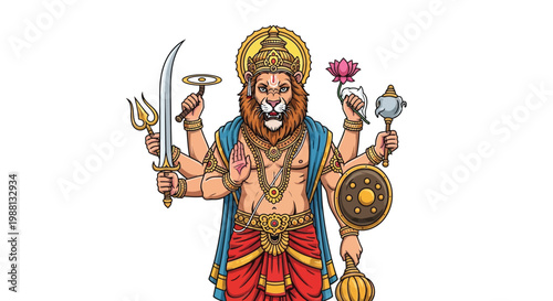 Narasimha the fierce man lion avatar of Vishnu depicted in vibrant detail