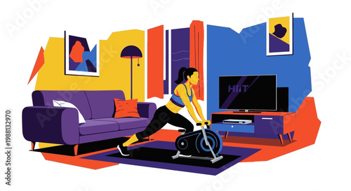 Woman exercising at home on a stationary bike