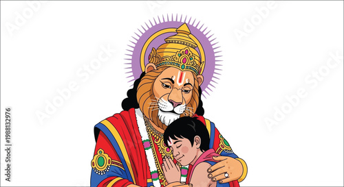 Narasimha embracing a devotee in vibrant hindu illustration style