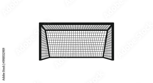 A black soccer goal with netting sharply defined against a white background silhouette