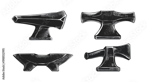 Four stylized grayscale illustrations of metal anvils, each with a unique design and angle