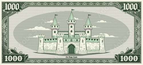 Vector vintage banknote with guilloche frame. Medieval fairytale stone castle with towers. Reverse denomination of bill 1000. Old military outpost, fortress. Retro money. One thousand. Engraving style