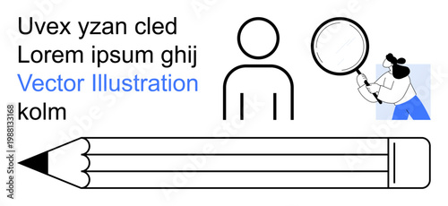 Education, research, creativity, analysis, identity, design. Minimalist person icon, pencil and magnifying glass. Education and research concept focused on analysis and creativity