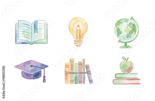 Watercolor education icons set with books globe and graduation cap