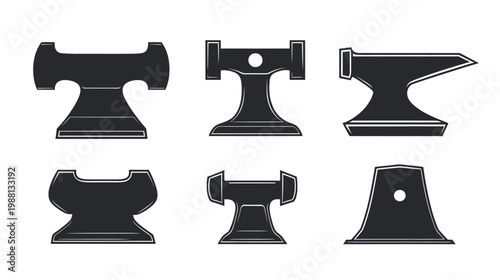 Collection of stylized illustrations of different anvil shapes, rendered in a simple black and white design