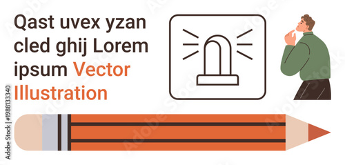 Education, creativity, brainstorming, alertness, planning, conceptual design. Illustration shows a man in thought, an alert icon and a large pencil. Brainstorming and alertness visually