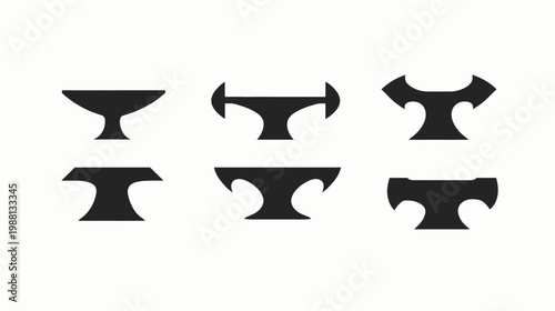 Collection of six black, abstract shapes resembling anvils or crossbars with varied stylistic designs on white