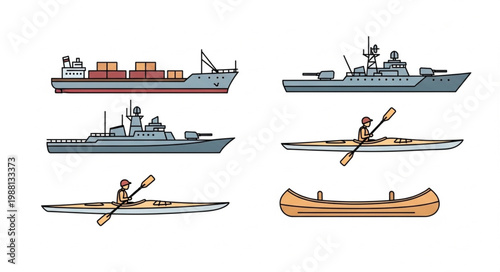 Collection of various boats and kayaks with people paddling.