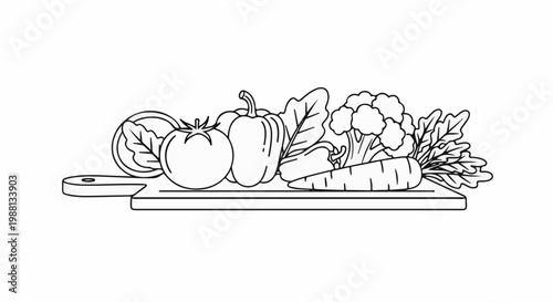 A black and white line drawing of fresh vegetables arranged on a wooden cutting board
