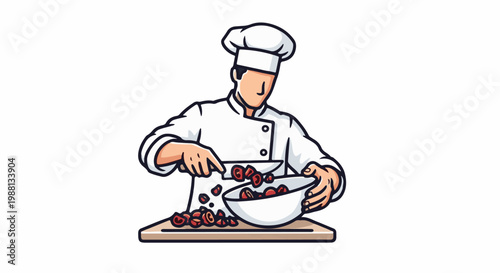 A chef in a white uniform and hat chops red ingredients into a bowl