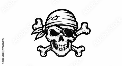 A black and white illustration of a pirate skull and crossbones