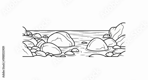 A stylized line drawing depicts a calm body of water with various rounded stones