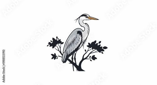 A stylized heron stands perched on a small, dark tree branch