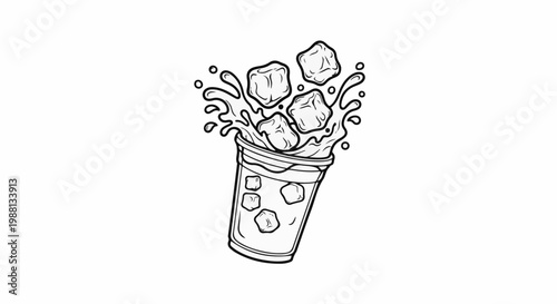 A black and white illustration of a beverage cup with splashing ice cubes and liquid