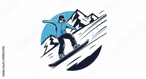 A stylized illustration of a snowboarder on a mountain slope