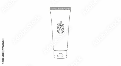 A black and white sketch of a tube with a nature-inspired logo