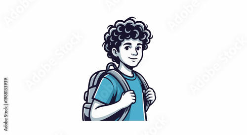 A boy with curly hair wears a blue t-shirt and a backpack