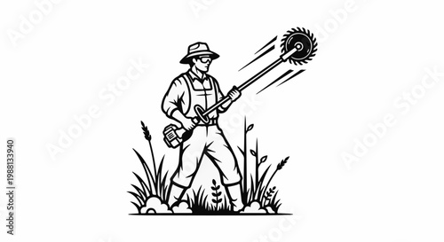 A man in overalls and hat wields a weed trimmer with a circular saw