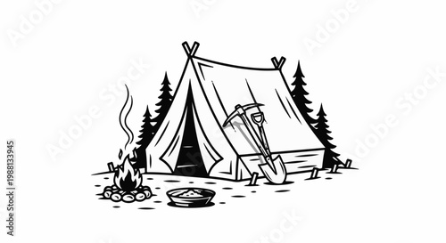 A tent, campfire, and tools suggest an outdoor expedition or camp