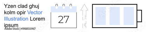 Productivity, time management, efficiency, energy saving, planning, workflow optimization. Calendar with date, upward arrow and battery. Productivity and time management concept