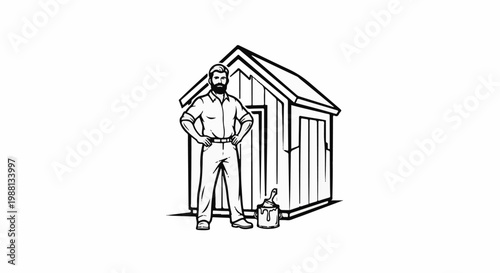Bearded man with hands on hips beside a wooden shed and paint can